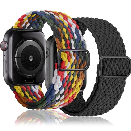 Innvodt Geflochten Armband Kompatibel mit Apple Watch Armband 38mm 40mm 41mm für Männer/Frauen, Verstellbare Elastisch Nylon Armbänder für iWatch Series 9/8/7/6/5/4/3/2/1/Ultra2/SE, 2 Stück von Innvodt