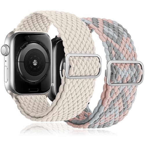 Innvodt Geflochten Armband Kompatibel mit Apple Watch Armband 38mm 40mm 41mm für Männer/Frauen, Verstellbare Elastisch Nylon Armbänder für iWatch Series 9/8/7/6/5/4/3/2/1/Ultra2/SE, 2 Stück von Innvodt