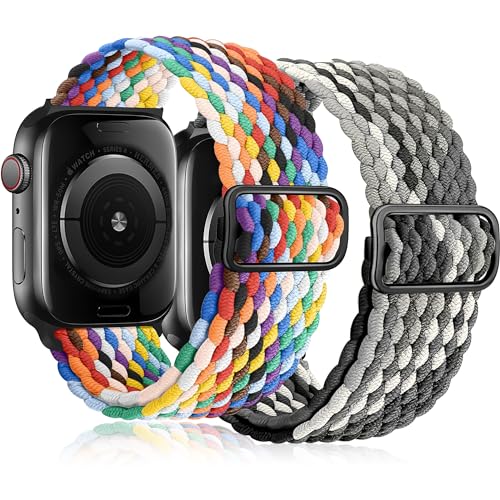 Innvodt Geflochten Armband Kompatibel mit Apple Watch Armband 38mm 40mm 41mm für Männer/Frauen, Verstellbare Elastisch Nylon Armbänder für iWatch Series 9/8/7/6/5/4/3/2/1/Ultra2/SE, 2 Stück von Innvodt