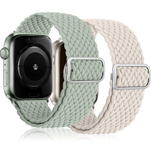 Innvodt Geflochten Armband Kompatibel mit Apple Watch Armband 38mm 40mm 41mm für Männer/Frauen, Verstellbare Elastisch Nylon Armbänder für iWatch Series 9/8/7/6/5/4/3/2/1/Ultra2/SE, 2 Stück von Innvodt