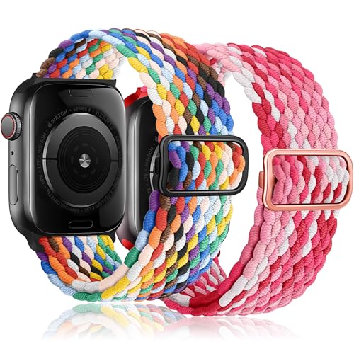 Innvodt Geflochten Armband Kompatibel mit Apple Watch Armband 38mm 40mm 41mm für Männer/Frauen, Verstellbare Elastisch Nylon Armbänder für iWatch Series 9/8/7/6/5/4/3/2/1/Ultra2/SE, 2 Stück von Innvodt