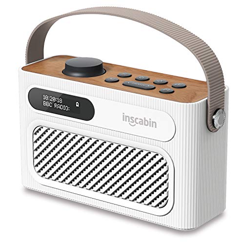 Inscabin M60 Tragbarer DAB/DAB + FM-Digitalradio/Tragbarer drahtloser Lautsprecher mit Bluetooth/Stereo-Sound/Doppellautsprecher/Doppelwecker/Subwoofer/Akku/Schönes Design (Weiß) von Inscabin