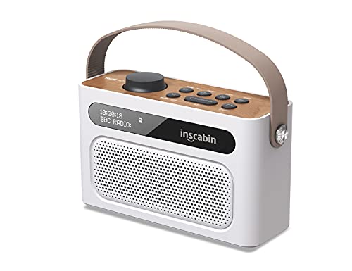 Inscabin M60 Tragbarer Lautsprecher Dab/Dab+ Digitales FM, kabellos, mit Bluetooth/Stereo-Sound/Zwei Lautsprechern/Dual-Wecker/wiederaufladbarer Akku/schönes Design (weiß) von Inscabin