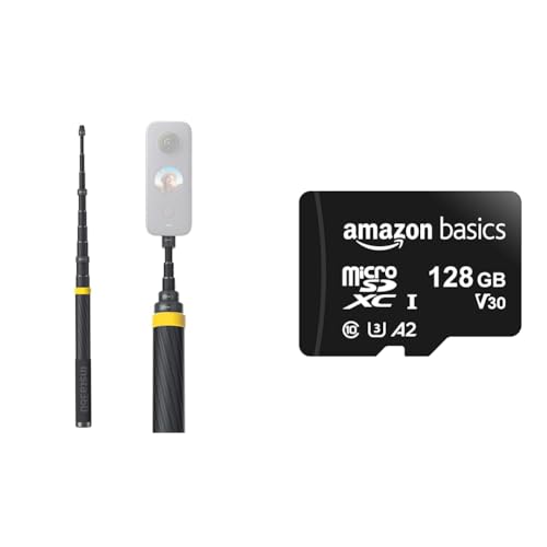 Insta360 Selfie-Stick für X3 & Amazon Basics MicroSDXC-Speicherkarte, 128 GB, mit SD-Adapter, A2, U3, 100 MB/s max. Lesegeschwindigkeit, Schwarz von Insta360