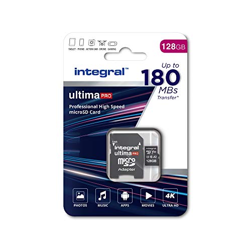 Integral 128 GB Micro-SD-Karte, 4K-Video, Lesegeschwindigkeit 180 MB/s und Schreibgeschwindigkeit 130 MB/s, MicroSDXC A2 C10 U3 UHS-I 180-V30 Unsere schnellste von Integral
