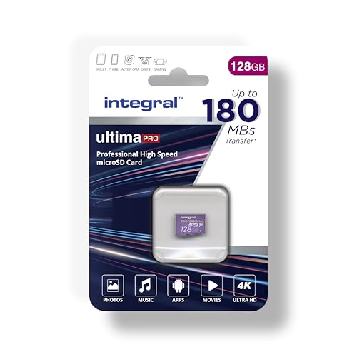 Integral 128 GB Micro SD Karte 4K Video Lesegeschwindigkeit 180 MB/s und Schreibgeschwindigkeit 150 MB/s MicroSDXC A2 C10 U3 UHS-I 150-V30 Unsere schnellste High Speed Micro SD Speicherkarte von Integral