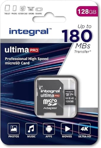 Integral 128 GB Micro SD Karte 4K Video Lesegeschwindigkeit 180 MB/s und Schreibgeschwindigkeit 90 MB/s MicroSDXC A2 C10 U3 UHS-I 180-V30 Unsere schnellste High Speed Micro SD Speicherkarte von Integral