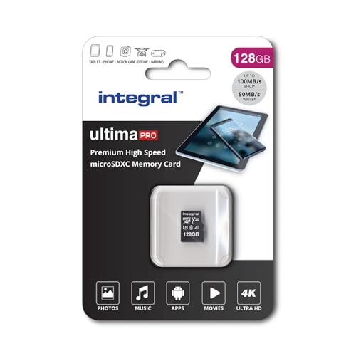 Integral 128 GB Micro-SD-Karte 4K Video Premium High Speed Speicherkarte SDXC bis zu 100 MB s Lesegeschwindigkeit und 50 MB s Schreibgeschwindigkeit V30 C10 U3 UHS-I A1 von Integral