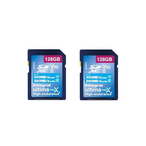 Integral 128GB 2-Pack UHS-II SD-Karte V90 Bis zu 300 MB/s Lesegeschwindigkeit und 280 MB/s Schreibgeschwindigkeit 1866X SDHC Professionelle Hochgeschwindigkeits-Speicherkarte von Integral