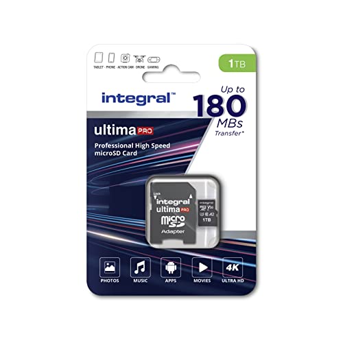 Integral 1TB Micro SD-Karte 4K Video Lesegeschwindigkeit 180MB/s und Schreibgeschwindigkeit 150MB/s MicroSDXC A2 C10 U3 UHS-I 180-V30 Unsere schnellste High Speed Micro SD-Speicherkarte von Integral