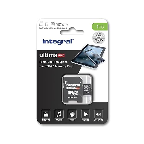 Integral 1TB Micro SD Karte 4K Video Premium High Speed Speicherkarte SDXC bis zu 100MB/s Lesegeschwindigkeit und 50MB/s Schreibgeschwindigkeit V30 C10 U3 UHS-I A1 von Integral