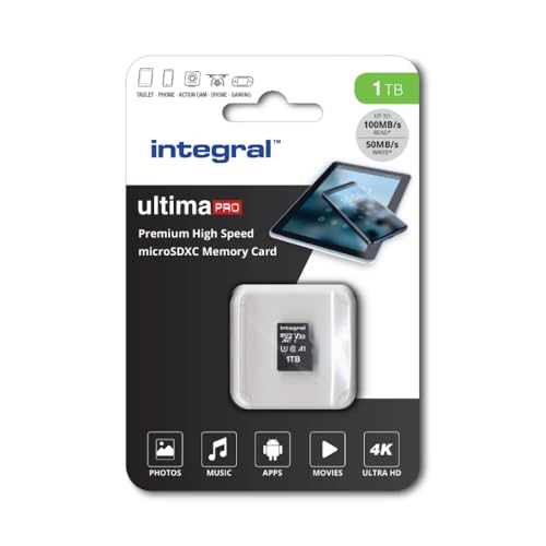 Integral 1TB Micro SD Karte 4K Video Premium High Speed Speicherkarte SDXC bis zu 100MB/s Lesegeschwindigkeit und 50MB/s Schreibgeschwindigkeit V30 C10 U3 UHS-I A1 von Integral