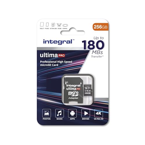 Integral 256 GB Micro SD Karte 4K Video Lesegeschwindigkeit 180 MB/s und Schreibgeschwindigkeit 150 MB/s MicroSDXC A2 C10 U3 UHS-I 150-V30 Unsere schnellste High Speed Micro SD Speicherkarte von Integral