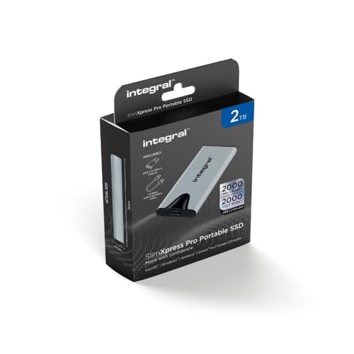 Integral 2TB SlimXpress Pro Tragbare SSD mit USB 3.2 Gen 2x2 - Super schnelle 2000MB/s Lesegeschwindigkeit und Schreibgeschwindigkeit. Plug & Play. Kompatibel mit Mac, PC, Android, Xbox & Playstation von Integral