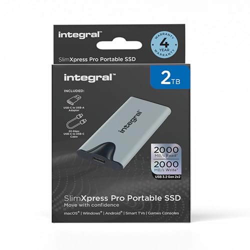 Integral 2TB SlimXpress Pro Tragbare SSD mit USB 3.2 Gen 2x2 - Super schnelle 2000MB/s Lesegeschwindigkeit und Schreibgeschwindigkeit. Plug & Play. Kompatibel mit Mac, PC, Android, Xbox & Playstation von Integral