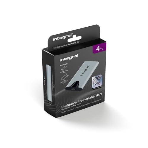 Integral 4TB SlimXpress Pro Tragbare USB 3.2 Gen 2x2 SSD – Bis zu 2000MB/s Lesegeschwindigkeit und 2000MB/s Schreibgeschwindigkeit - Kompaktes Aluminiumgehäuse. Kompatibel mit Mac, PC und mehr von Integral