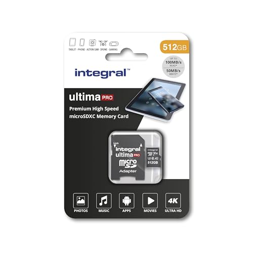 Integral 512GB Micro SD Karte 4K Video Premium High Speed Speicherkarte SDXC bis zu 100MB/s Lesegeschwindigkeit und 50MB/s Schreibgeschwindigkeit V30 C10 U3 UHS-I A1 von Integral