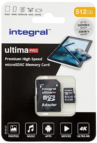 Integral 512GB Micro SD Karte 4K Video Premium High Speed Speicherkarte SDXC bis zu 100MB/s Lesegeschwindigkeit und 50MB/s Schreibgeschwindigkeit V30 C10 U3 UHS-I A1 von Integral