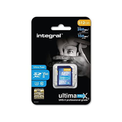 Integral 512GB UHS-II SD-Karte v60 Bis zu 260MB/s Lese- und 150MB/s Schreibgeschwindigkeit SDXC Professional High Speed Speicherkarte von Integral