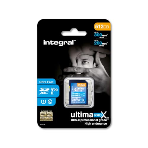 Integral 512GB UHS-II SD-Karte v90 Bis zu 300MB/s Lese- und 280MB/s Schreibgeschwindigkeit SDXC Professional High Speed Speicherkarte von Integral