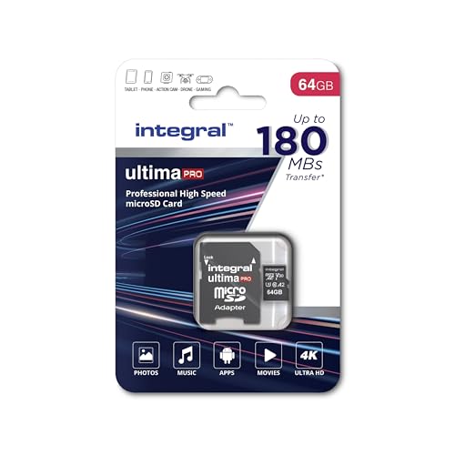 Integral 64 GB Micro SD Karte 4K Video Lesegeschwindigkeit 180 MB/s und Schreibgeschwindigkeit 150 MB/s MicroSDXC A2 C10 U3 UHS-I 150-V30 Unsere schnellste High Speed Micro SD Speicherkarte von Integral