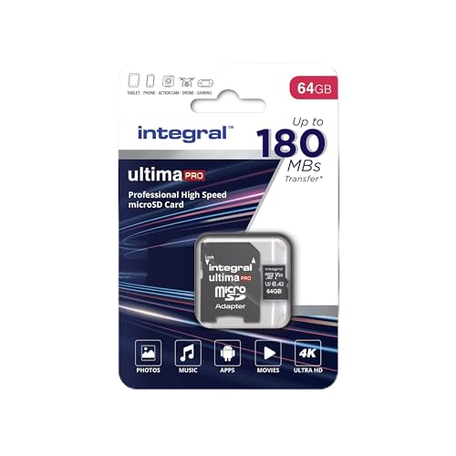 Integral 64 GB Micro SD Karte 4K Video Lesegeschwindigkeit 180 MB/s und Schreibgeschwindigkeit 45 MB/s MicroSDXC A2 C10 U3 UHS-I 180-V30 Unsere schnellste High Speed Micro SD Speicherkarte von Integral
