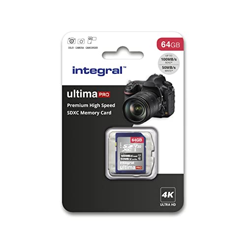 Integral 64 GB SD-Karte 4K Ultra-HD-Video High Speed SDXC V30 UHS-I U3 Class 10 Speicherkarte bis zu 100 MB/s, Farbe kann variieren von Integral