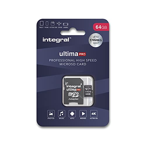Integral 64GB Micro SD Karte 4K Video Lesegeschwindigkeit 170MB/s und Schreibgeschwindigkeit 120MB/s MicroSDXC A2 C10 U3 UHS-I 170-V30 Unsere schnellste High Speed Micro SD Speicherkarte von Integral