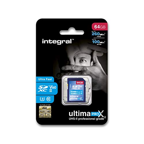 Integral 64GB UHS-II SD-Karte v60 Bis zu 260MB/s Lese- und 100MB/s Schreibgeschwindigkeit SDXC Professional High Speed Speicherkarte von Integral