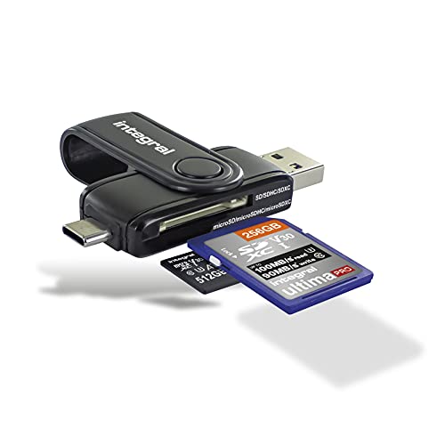 Integral Memory SD- und Micro SD Kartenleser USB3.0/USB C Typ-C OTG Dual-Slot SD Kartenadapter für UHS-1, Micro SD, microSDHC, microSDXC, SD, SDHC, SDXC, INCRUSB3.0ACSDMSD von Integral