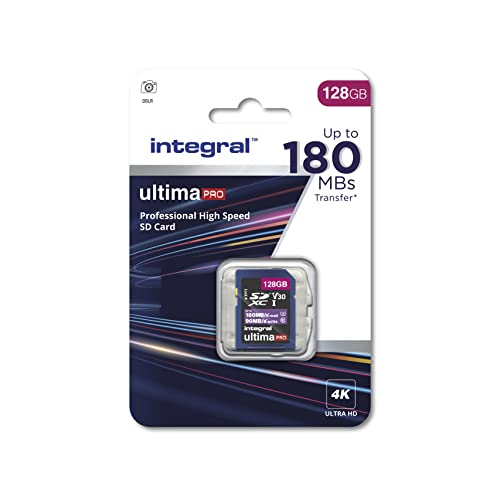 Integral SD Karte 128GB mit 6 Slot SD Kartenhalter Metall - 4K Ultra-HD Video Premium High Speed 180MB/s Lesen und 90MB/s Schreiben - SDHC V30 UHS-I U3 Class 10 SD Speicherkarte von Integral