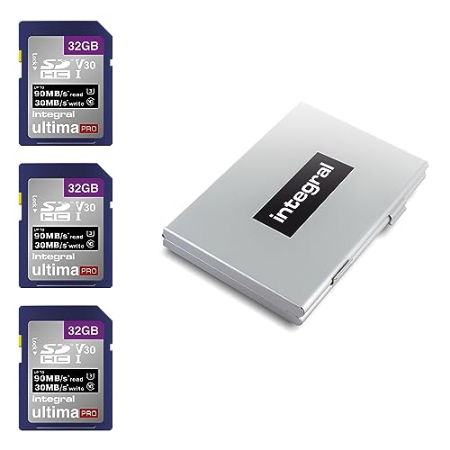 Integral SD Karte 32GB mit 6 Slot SD Kartenhalter Metall - 4K Ultra-HD Video Premium High Speed 90MB/s Lesen und 30MB/s Schreiben - SDHC V30 UHS-I U3 Class 10 SD Speicherkarte 3 Pack von Integral