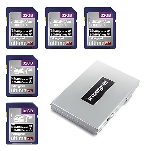 Integral SD Karte 32GB mit 6 Slot SD Kartenhalter Metall - 4K Ultra-HD Video Premium High Speed 90MB/s Lesen und 30MB/s Schreiben - SDHC V30 UHS-I U3 Class 10 SD Speicherkarte 5 Pack von Integral