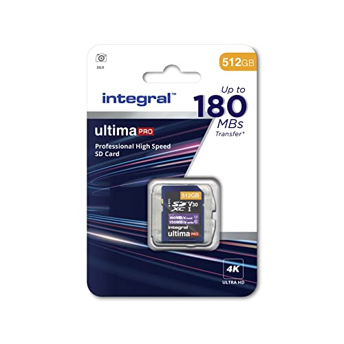 Integral SD Karte 512GB 4K Video Lesegeschwindigkeit 180MB/s und Schreibgeschwindigkeit 150MB/s SDXC V30 U3 180-V30 Unsere schnellste High Speed SD-Speicherkarte. SD Card. Speicherkarte SD. von Integral