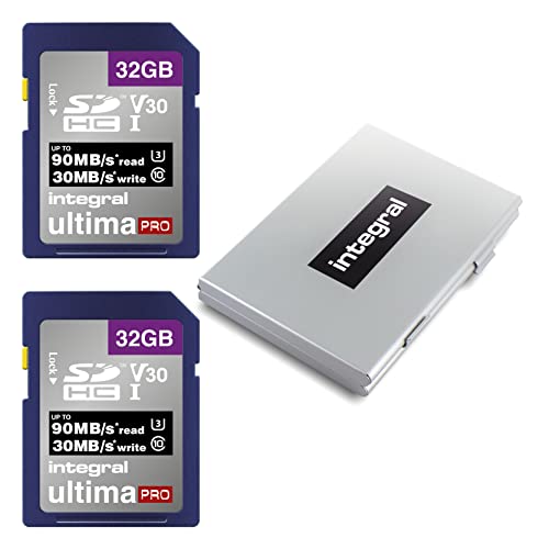 Integral SD-Karte mit 32 GB, 2er-Pack, Schutzgehäuse aus Metall, 4K-Ultra-HD-Video, Premium-Lesegeschwindigkeit bis zu 90 MB/s, SDHC V30 UHS-I U3, Klasse 10, SD-Speicherkarte, Doppelpack von Integral