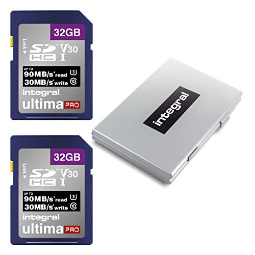 Integral SD-Karte mit 32 GB, 2er-Pack, Schutzgehäuse aus Metall, 4K-Ultra-HD-Video, Premium-Lesegeschwindigkeit bis zu 90 MB/s, SDHC V30 UHS-I U3, Klasse 10, SD-Speicherkarte, Doppelpack Integral SD-Karte mit 32 GB, 2er-Pack, Schutzgehäuse aus Metall, 4K-Ultra-HD-Video, Premium-Lesegeschwindigkeit bis zu 90 MB/s, SDHC V30 UHS-I U3, Klasse 10, SD-Speicherkarte, Doppelpack von Integral