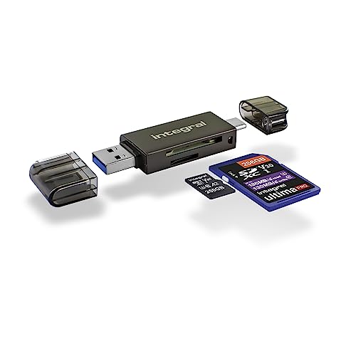 Integral SD und Micro SD Kartenleser, bis zu 180 MB/s Übertragungsgeschwindigkeit, USB 3.0 / USB C OTG Dual Slot Memory Card Adapter für UHS-1, Micro SD, microSDHC, microSDXC, SD, SDHC, SDXC von Integral