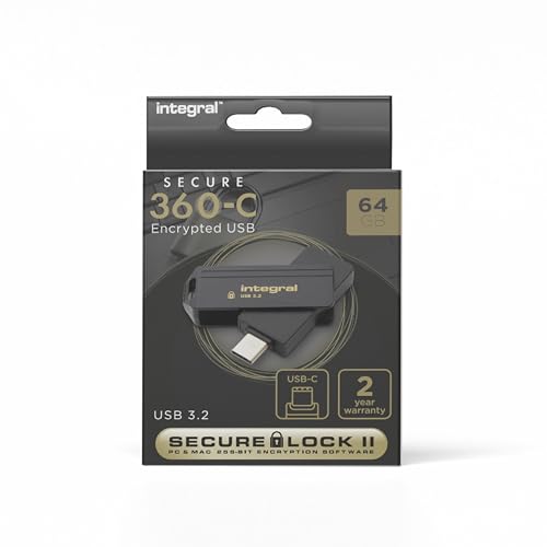 Integral Secure 360-C 64 GB Software-verschlüsselter USB-Flash-Laufwerk – USB-C-Anschluss – 256-Bit-AES-Verschlüsselung – kompatibel mit Mac, MacBook, PC, Laptop von Integral