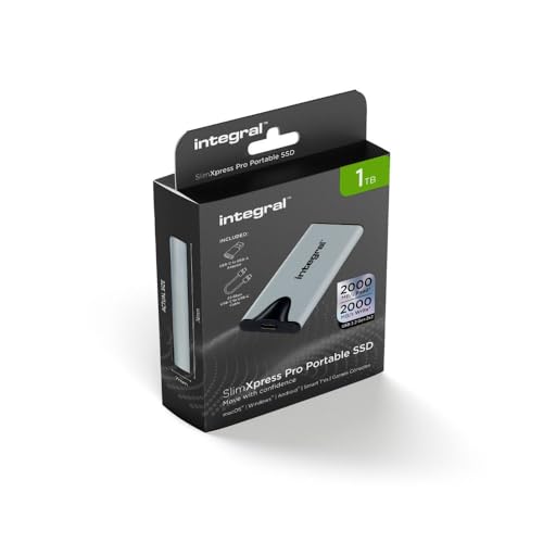 Integral SlimXpress Pro 1TB USB-C 3.2 Gen 2x2 Solid-State-Laufwerk – 2000MB/s Lesegeschwindigkeit & Schreibgeschwindigkeit. Kompaktes Design mit Plug & Play. Kompatibel mit Mac, PC, Android und mehr von Integral