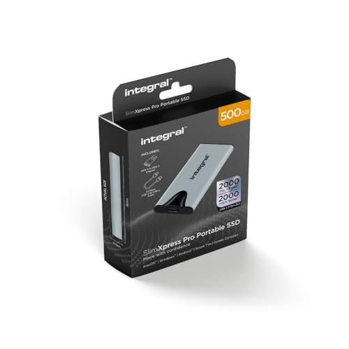 Integral SlimXpress Pro 500GB USB-C 3.2 Gen 2x2 Tragbare Externe SSD - 2000MB/s Lesegeschwindigkeit & 2000MB/s Schreibgeschwindigkeit. Plug & Play. Kompatibel mit Mac, PC, Android, Xbox & Playstation von Integral