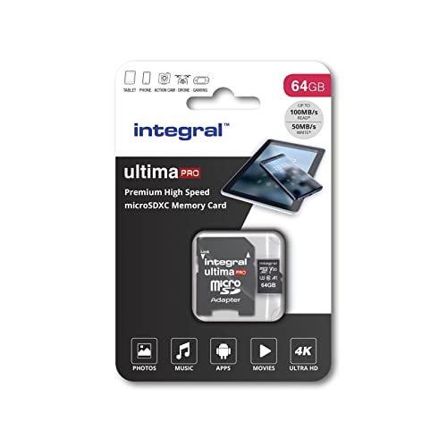 Integral Ultimapro - Memory Card 64 GB microSDHC/100 MB/s/Class 10 UHS-I U3/ V30 + Adapter von Integral