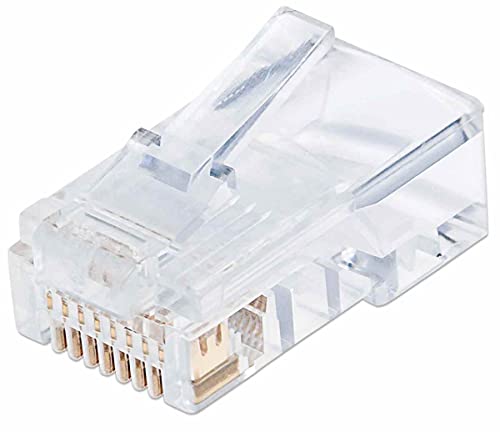 Intellinet 100er-Pack Cat5e RJ45-Modularstecker Pro Line (UTP, 3-Punkt-Aderkontaktierung, für Massivdraht,50 µ vergoldete Kontakte) 790512 klar / durchsichtig von Intellinet
