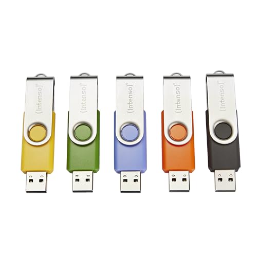 Intenso Basic Line 5X 32 GB USB-Sticks USB 2.0 mit praktischen Beschriftungsetiketten, Gelb, Grün, Schwarz, Blau + Orange, mit silbernem Metallbügel, 5er Pack von Intenso