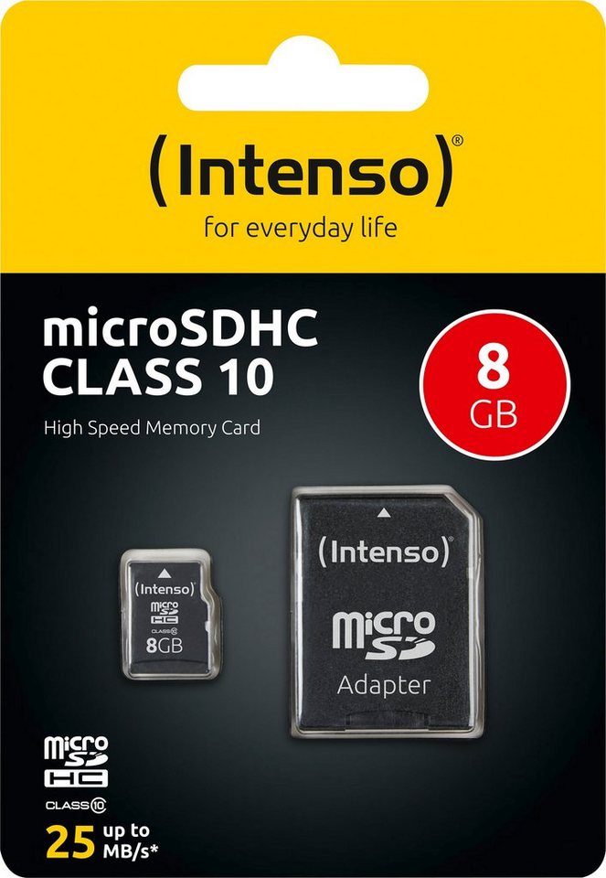 Intenso Intenso microSDHC Card 8GB, Class 10 (R) 25MB/s, (W) 10MB/s, SD-Adapt Speicherkarte von Intenso