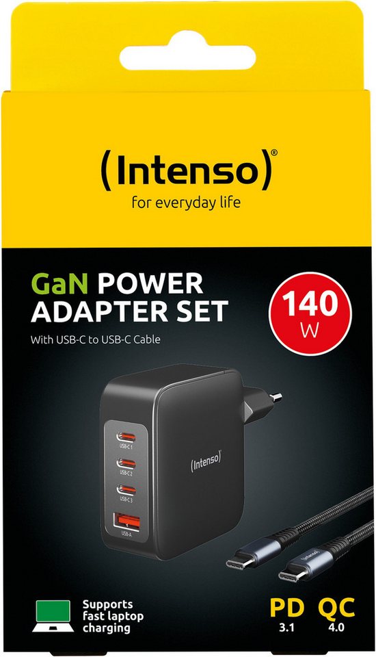Intenso Ladegerät Power Adapter W140A3C GaN 3x USB-C 1x USB-A für 4 Gerät Universal-Ladegerät von Intenso