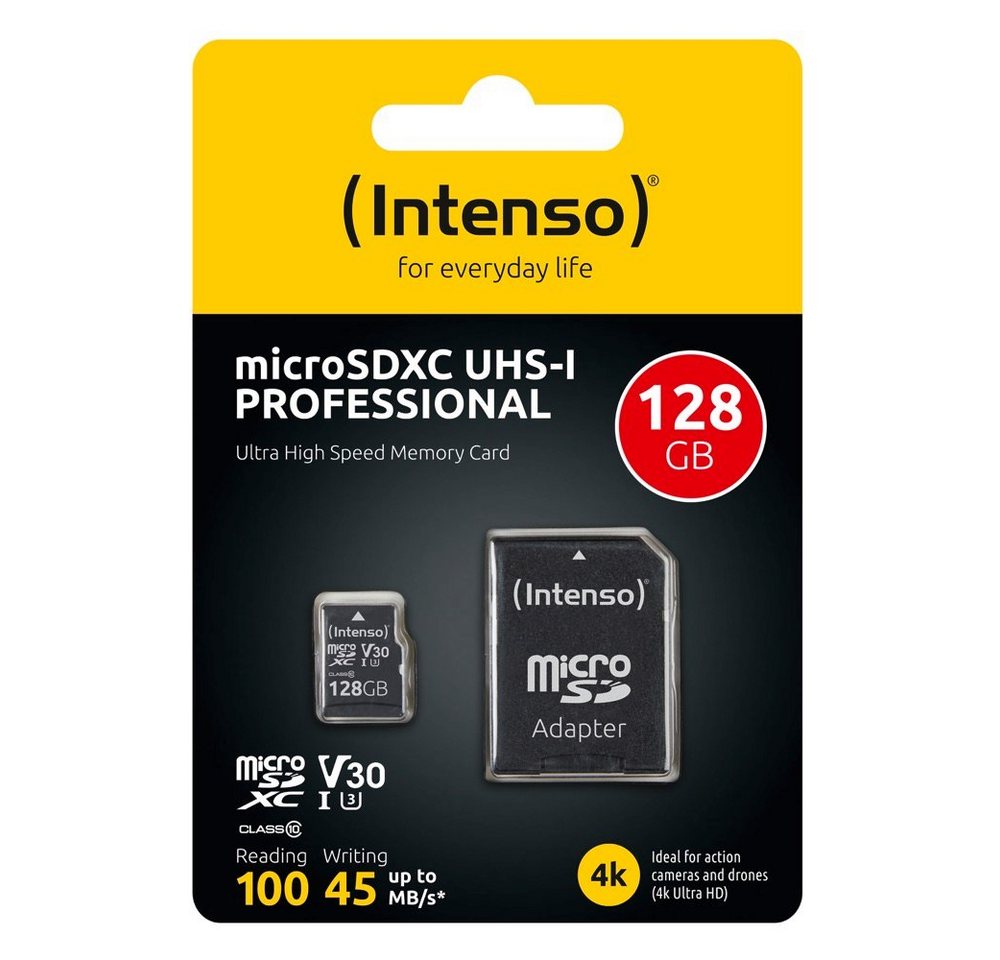 Intenso Micro SDXC Karte 128GB UHS-I U3 4K professional 100 MB/s V30 Class 10 Speicherkarte Intenso Micro SDXC Karte 128GB UHS-I U3 4K professional 100 MB/s V30 Class 10 Speicherkarte von Intenso