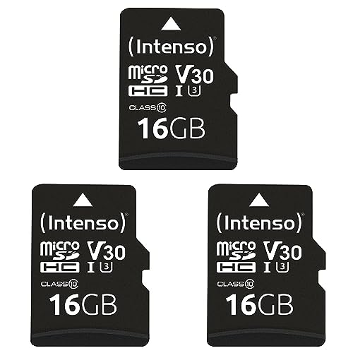 Intenso Professional microSDHC 16GB Class 10 UHS-I, U3, V30 Speicherkarte inkl. SD-Adapter (bis zu 100 MB/s,) schwarz (Packung mit 3) von Intenso