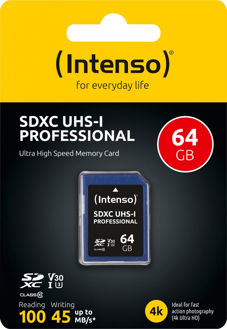 Intenso SDXC-Card 64GB, Professional, Class 10, U1, UHS-I (R) 100MB/s, (W) 45MB/s, Retail-Blister von Intenso