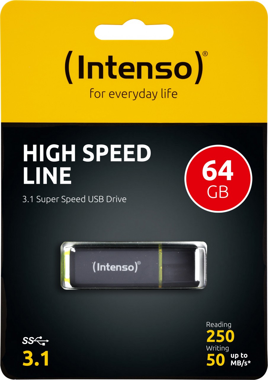 Intenso USB 3.1 Stick 64GB, High Speed Line, schwarz Typ-A, (R) 250MB/s, (W) 50MB/s, Retail-Blister von Intenso
