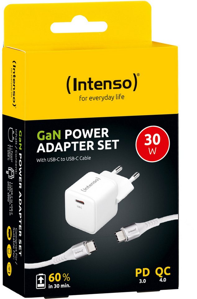 Intenso USB C Kabel + Ladegerät Power Adapter 30 Watt W30C GaN 1x USB-C weiß Universal-Ladegerät von Intenso